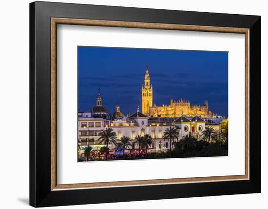 Night view of city skyline with Cathedral and Giralda bell tower, Seville, Andalusia, Spain-Stefano Politi Markovina-Framed Photographic Print