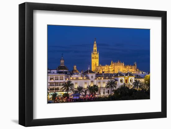 Night view of city skyline with Cathedral and Giralda bell tower, Seville, Andalusia, Spain-Stefano Politi Markovina-Framed Photographic Print