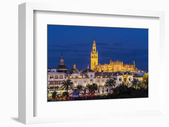 Night view of city skyline with Cathedral and Giralda bell tower, Seville, Andalusia, Spain-Stefano Politi Markovina-Framed Photographic Print