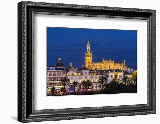Night view of city skyline with Cathedral and Giralda bell tower, Seville, Andalusia, Spain-Stefano Politi Markovina-Framed Photographic Print