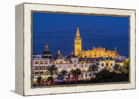 Night view of city skyline with Cathedral and Giralda bell tower, Seville, Andalusia, Spain-Stefano Politi Markovina-Framed Premier Image Canvas