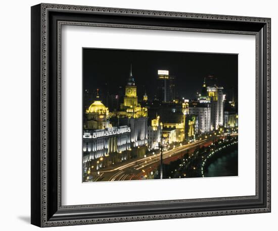 Night View of Colonial Buildings on the Bund, Shanghai, China-Keren Su-Framed Photographic Print