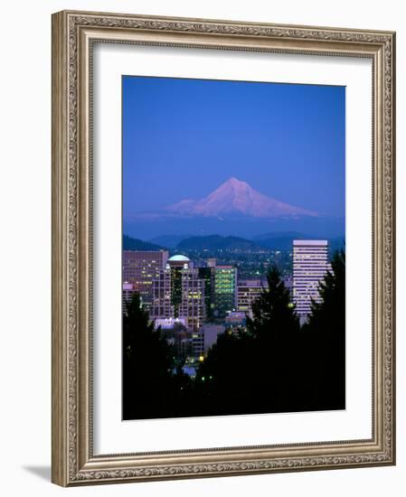 Night View of Downtown and Mt Hood, Portland, Oregon, USA-Janis Miglavs-Framed Photographic Print