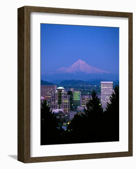 Night View of Downtown and Mt Hood, Portland, Oregon, USA-Janis Miglavs-Framed Photographic Print