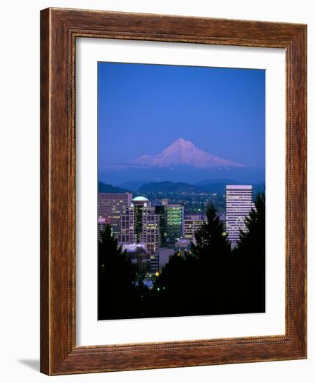 Night View of Downtown and Mt Hood, Portland, Oregon, USA-Janis Miglavs-Framed Photographic Print