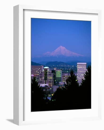 Night View of Downtown and Mt Hood, Portland, Oregon, USA-Janis Miglavs-Framed Photographic Print