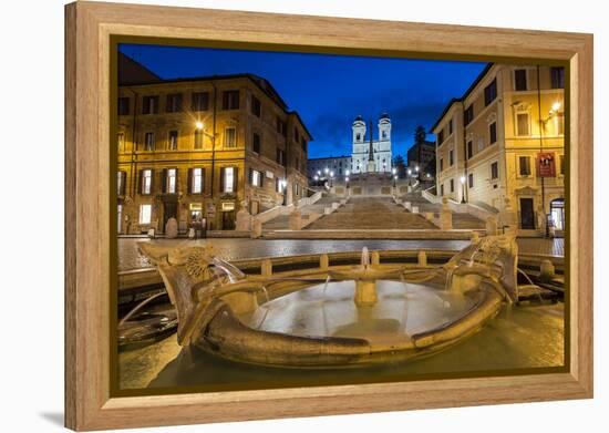 Night view of Fontana della Barcaccia and Spanish Steps, Piazza di Spagna, Rome, Lazio, Italy-Stefano Politi Markovina-Framed Premier Image Canvas