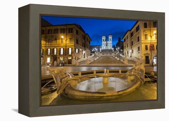 Night view of Fontana della Barcaccia and Spanish Steps, Piazza di Spagna, Rome, Lazio, Italy-Stefano Politi Markovina-Framed Premier Image Canvas