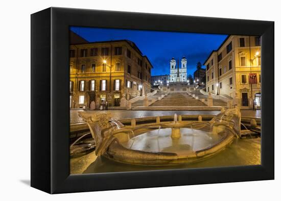 Night view of Fontana della Barcaccia and Spanish Steps, Piazza di Spagna, Rome, Lazio, Italy-Stefano Politi Markovina-Framed Premier Image Canvas