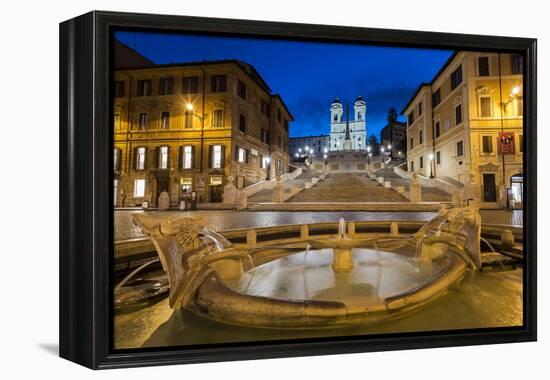 Night view of Fontana della Barcaccia and Spanish Steps, Piazza di Spagna, Rome, Lazio, Italy-Stefano Politi Markovina-Framed Premier Image Canvas