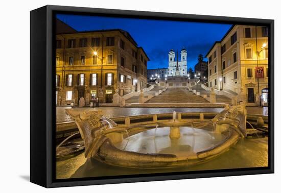 Night view of Fontana della Barcaccia and Spanish Steps, Piazza di Spagna, Rome, Lazio, Italy-Stefano Politi Markovina-Framed Premier Image Canvas