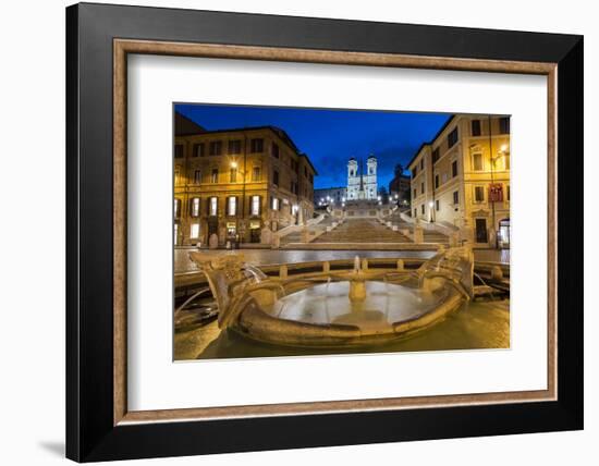 Night view of Fontana della Barcaccia and Spanish Steps, Piazza di Spagna, Rome, Lazio, Italy-Stefano Politi Markovina-Framed Photographic Print