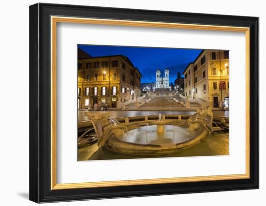 Night view of Fontana della Barcaccia and Spanish Steps, Piazza di Spagna, Rome, Lazio, Italy-Stefano Politi Markovina-Framed Photographic Print