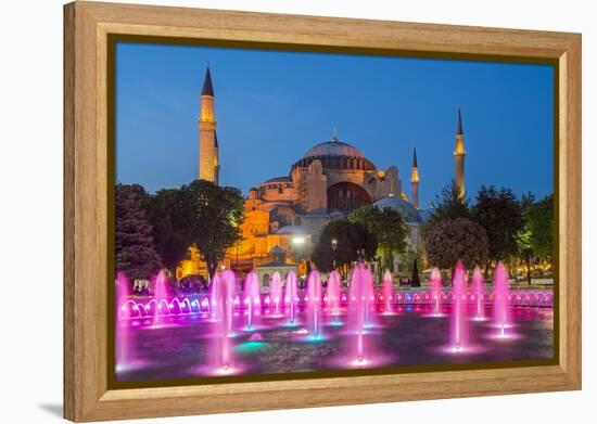 Night View of Fountain Light Show with Hagia Sophia Behind, Sultanahmet, Istanbul, Turkey-Stefano Politi Markovina-Framed Premier Image Canvas