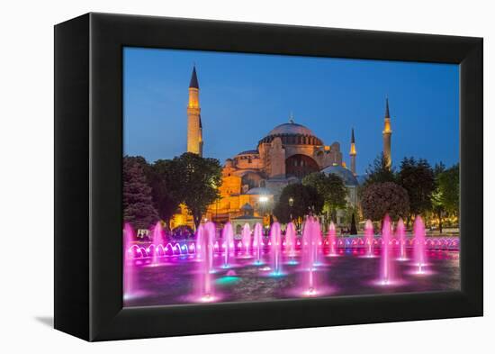 Night View of Fountain Light Show with Hagia Sophia Behind, Sultanahmet, Istanbul, Turkey-Stefano Politi Markovina-Framed Premier Image Canvas