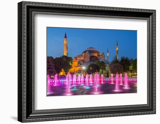 Night View of Fountain Light Show with Hagia Sophia Behind, Sultanahmet, Istanbul, Turkey-Stefano Politi Markovina-Framed Photographic Print