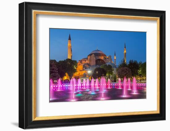 Night View of Fountain Light Show with Hagia Sophia Behind, Sultanahmet, Istanbul, Turkey-Stefano Politi Markovina-Framed Photographic Print