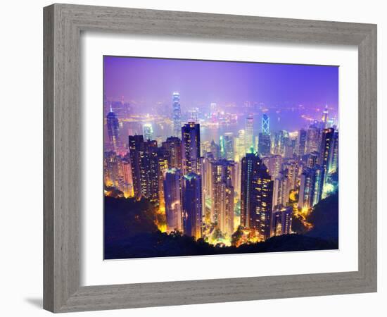 Night View of Hong Kong, China from Victoria Harbor-Sean Pavone-Framed Photographic Print