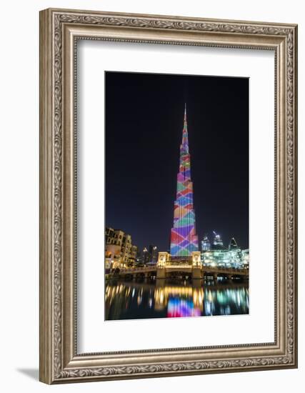 Night view of LED light show on Burj Khalifa, Dubai, United Arab Emirates-Stefano Politi Markovina-Framed Photographic Print