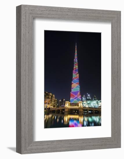 Night view of LED light show on Burj Khalifa, Dubai, United Arab Emirates-Stefano Politi Markovina-Framed Photographic Print