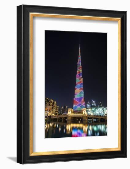 Night view of LED light show on Burj Khalifa, Dubai, United Arab Emirates-Stefano Politi Markovina-Framed Photographic Print