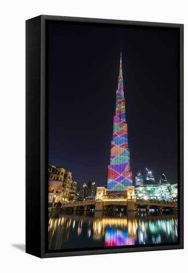 Night view of LED light show on Burj Khalifa, Dubai, United Arab Emirates-Stefano Politi Markovina-Framed Premier Image Canvas