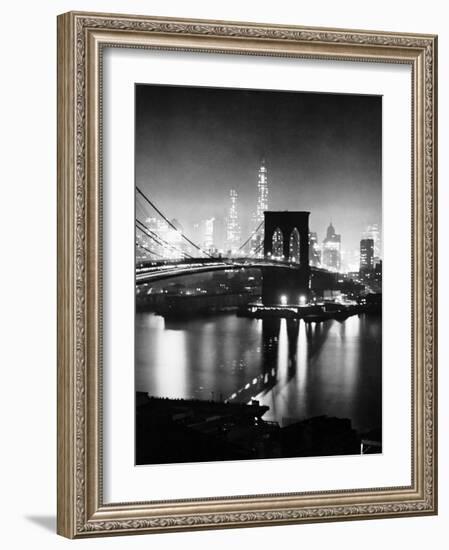 Night View of Nyc and the Brooklyn Bridge-Andreas Feininger-Framed Photographic Print