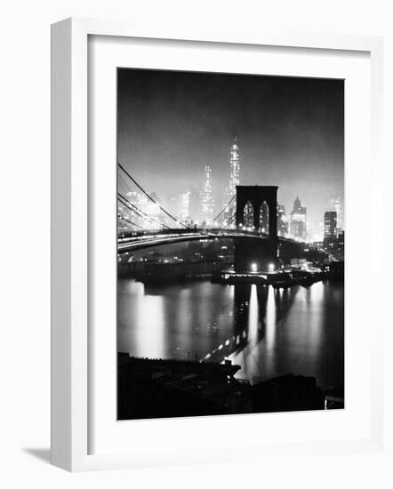 Night View of Nyc and the Brooklyn Bridge-Andreas Feininger-Framed Photographic Print