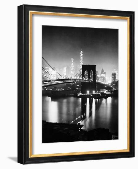 Night View of Nyc and the Brooklyn Bridge-Andreas Feininger-Framed Photographic Print