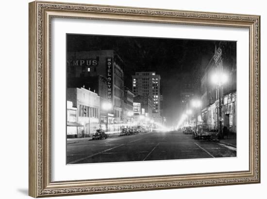 Night View of Pacific Avenue in Tacoma, WA Photograph - Tacoma, WA-Lantern Press-Framed Art Print