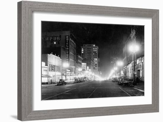 Night View of Pacific Avenue in Tacoma, WA Photograph - Tacoma, WA-Lantern Press-Framed Art Print