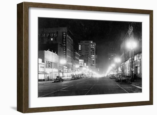 Night View of Pacific Avenue in Tacoma, WA Photograph - Tacoma, WA-Lantern Press-Framed Art Print