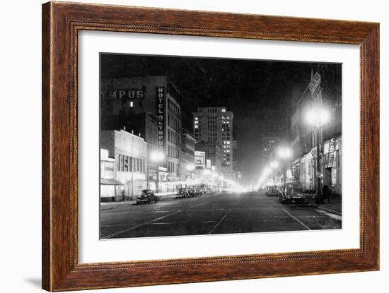 Night View of Pacific Avenue in Tacoma, WA Photograph - Tacoma, WA-Lantern Press-Framed Art Print