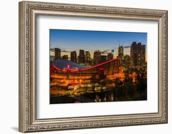 Night view of Saddledome stadium and city skyline, Calgary, Alberta, Canada-Stefano Politi Markovina-Framed Photographic Print