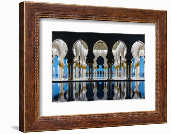 Night view of Sheikh Zayed Mosque reflected in the pool, Abu Dhabi, United Arab Emirates-Stefano Politi Markovina-Framed Photographic Print