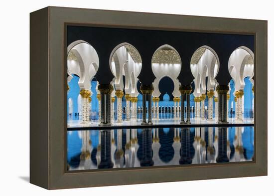 Night view of Sheikh Zayed Mosque reflected in the pool, Abu Dhabi, United Arab Emirates-Stefano Politi Markovina-Framed Premier Image Canvas