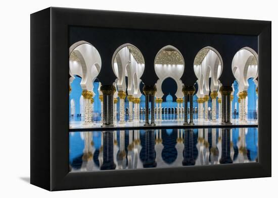 Night view of Sheikh Zayed Mosque reflected in the pool, Abu Dhabi, United Arab Emirates-Stefano Politi Markovina-Framed Premier Image Canvas