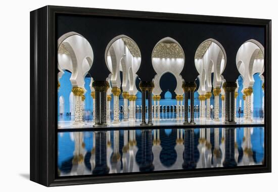 Night view of Sheikh Zayed Mosque reflected in the pool, Abu Dhabi, United Arab Emirates-Stefano Politi Markovina-Framed Premier Image Canvas