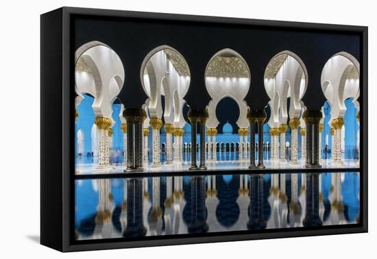 Night view of Sheikh Zayed Mosque reflected in the pool, Abu Dhabi, United Arab Emirates-Stefano Politi Markovina-Framed Premier Image Canvas
