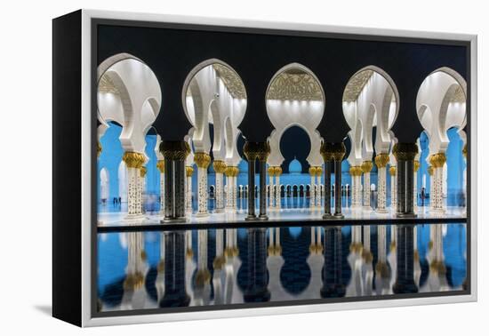 Night view of Sheikh Zayed Mosque reflected in the pool, Abu Dhabi, United Arab Emirates-Stefano Politi Markovina-Framed Premier Image Canvas