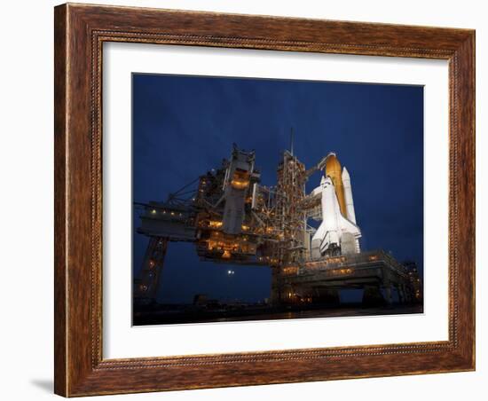 Night View of Space Shuttle Atlantis on the Launch Pad at Kennedy Space Center, Florida-Stocktrek Images-Framed Photographic Print