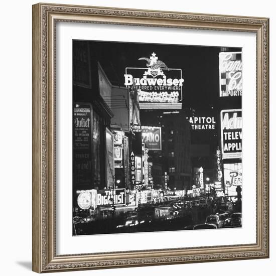 Night View of Taxi and Traffic Congestion Looking North on 45th Street-Andreas Feininger-Framed Photographic Print