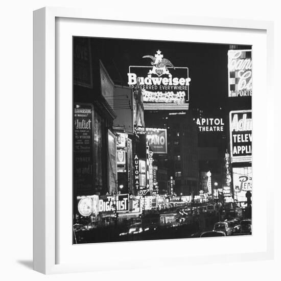 Night View of Taxi and Traffic Congestion Looking North on 45th Street-Andreas Feininger-Framed Photographic Print