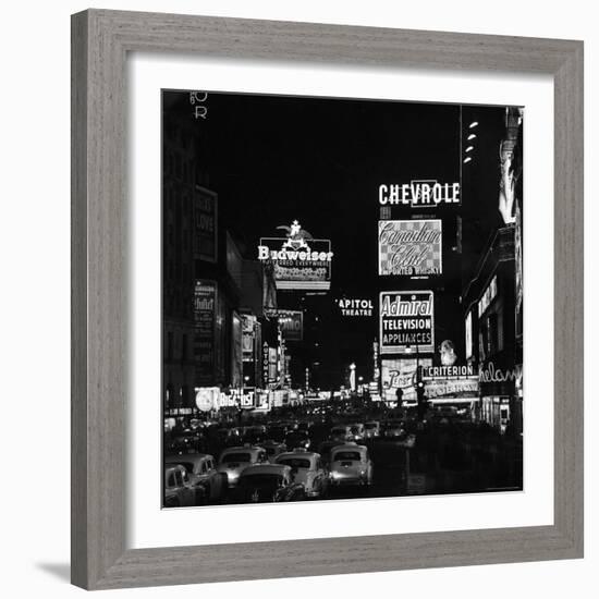 Night View of Taxi and Traffic Congestion Looking North on 45th Street-Andreas Feininger-Framed Photographic Print