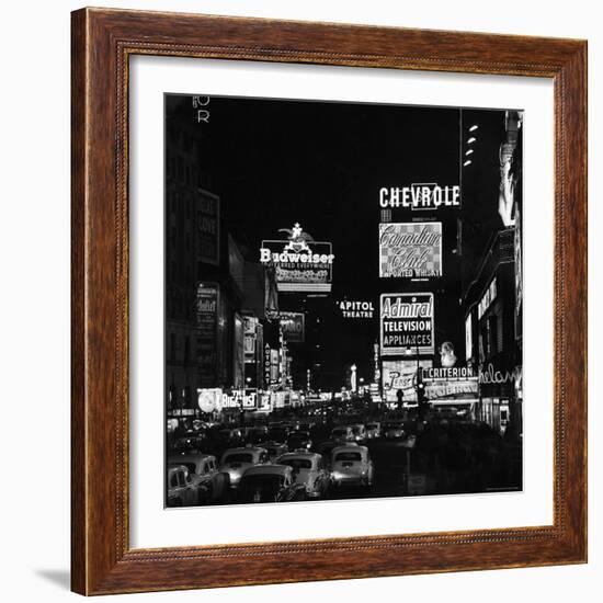 Night View of Taxi and Traffic Congestion Looking North on 45th Street-Andreas Feininger-Framed Photographic Print