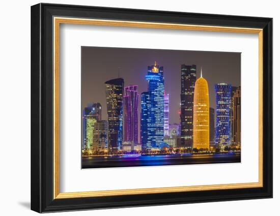 Night view of the business district skyline, Doha, Qatar-Stefano Politi Markovina-Framed Photographic Print