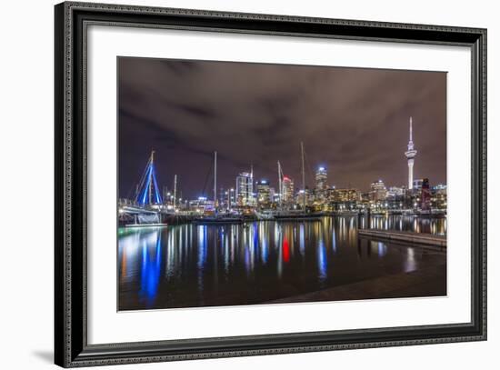 Night View of the City of Auckland from Auckland Harbour, North Island, New Zealand, Pacific-Michael Nolan-Framed Photographic Print