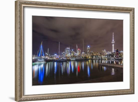 Night View of the City of Auckland from Auckland Harbour, North Island, New Zealand, Pacific-Michael Nolan-Framed Photographic Print