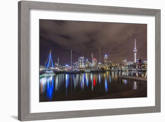 Night View of the City of Auckland from Auckland Harbour, North Island, New Zealand, Pacific-Michael Nolan-Framed Photographic Print