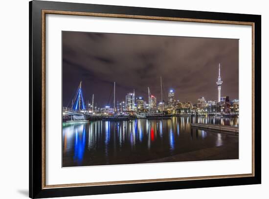 Night View of the City of Auckland from Auckland Harbour, North Island, New Zealand, Pacific-Michael Nolan-Framed Photographic Print